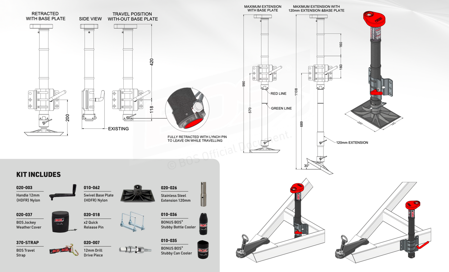 BOS 3-Rib Long Jockey Unit Kit – 50mm Clamp, Drill & Manual Drive (Up to 1800kg)