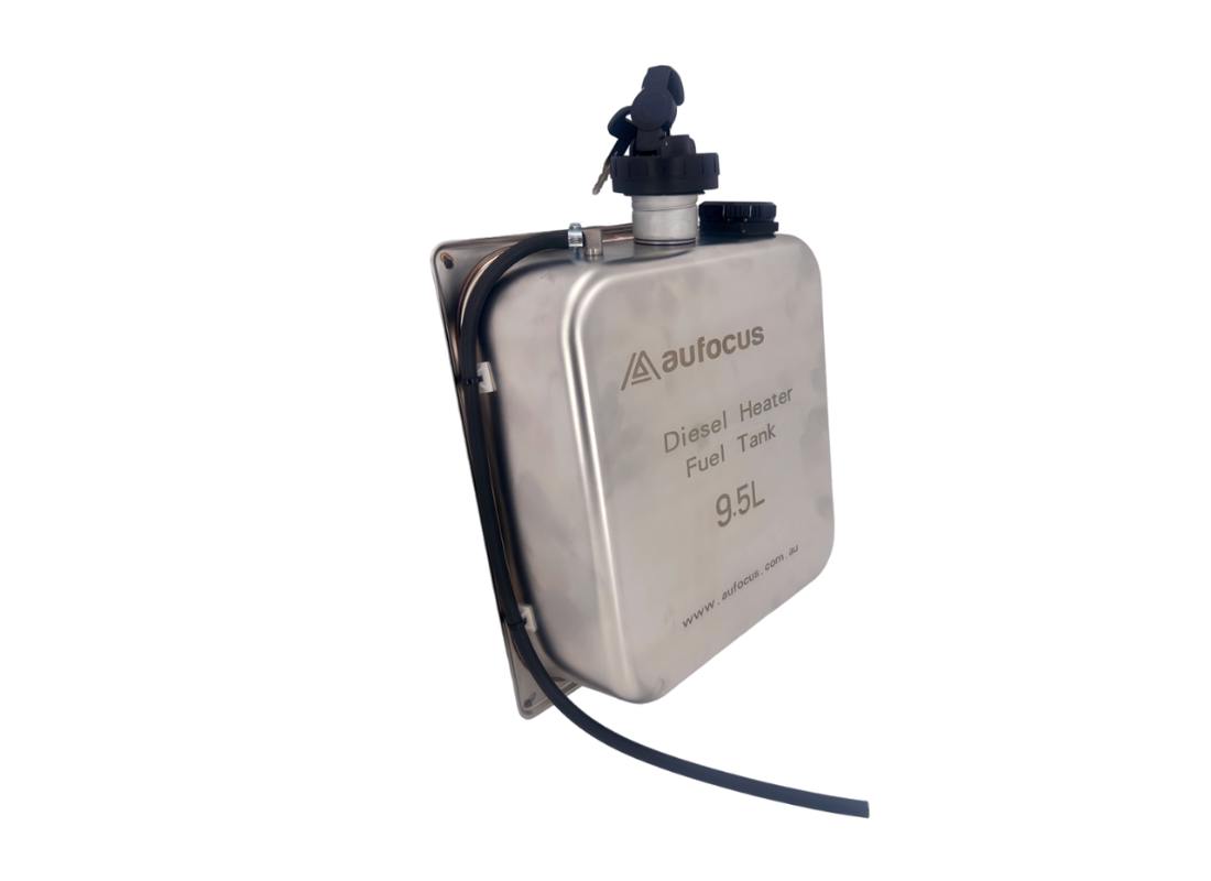 Stainless steel fuel tank with 'aufocus' branding on a white background