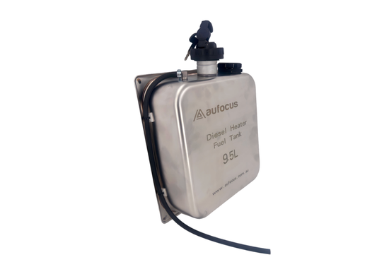 Stainless steel fuel tank with 'aufocus' branding on a white background