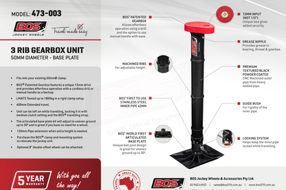 BOS 3-Rib Long Jockey Unit Kit – 50mm Clamp, Drill & Manual Drive (Up to 1800kg)